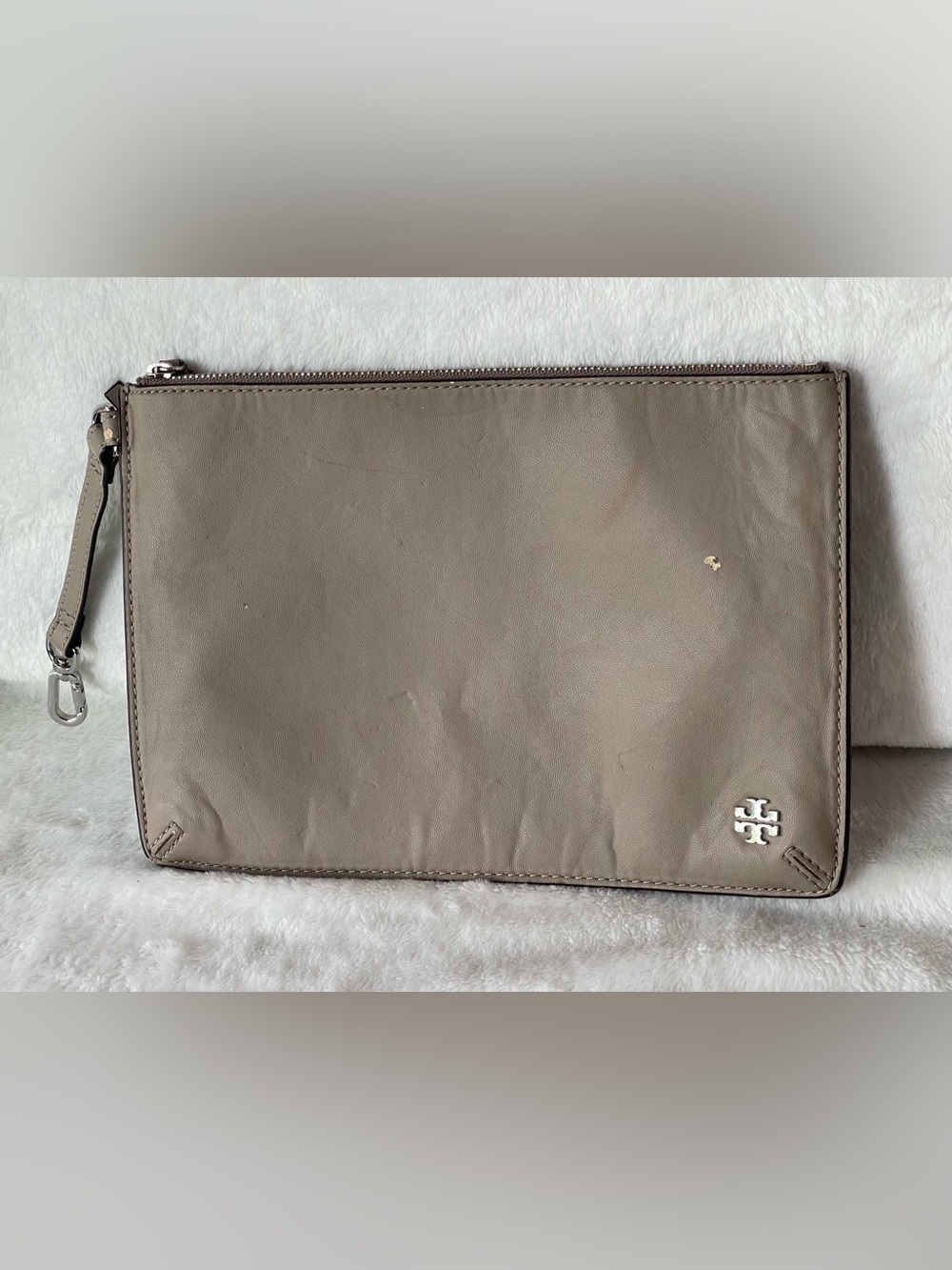 Tory Burch clutch handbag gray tan color with wristlet and zipper